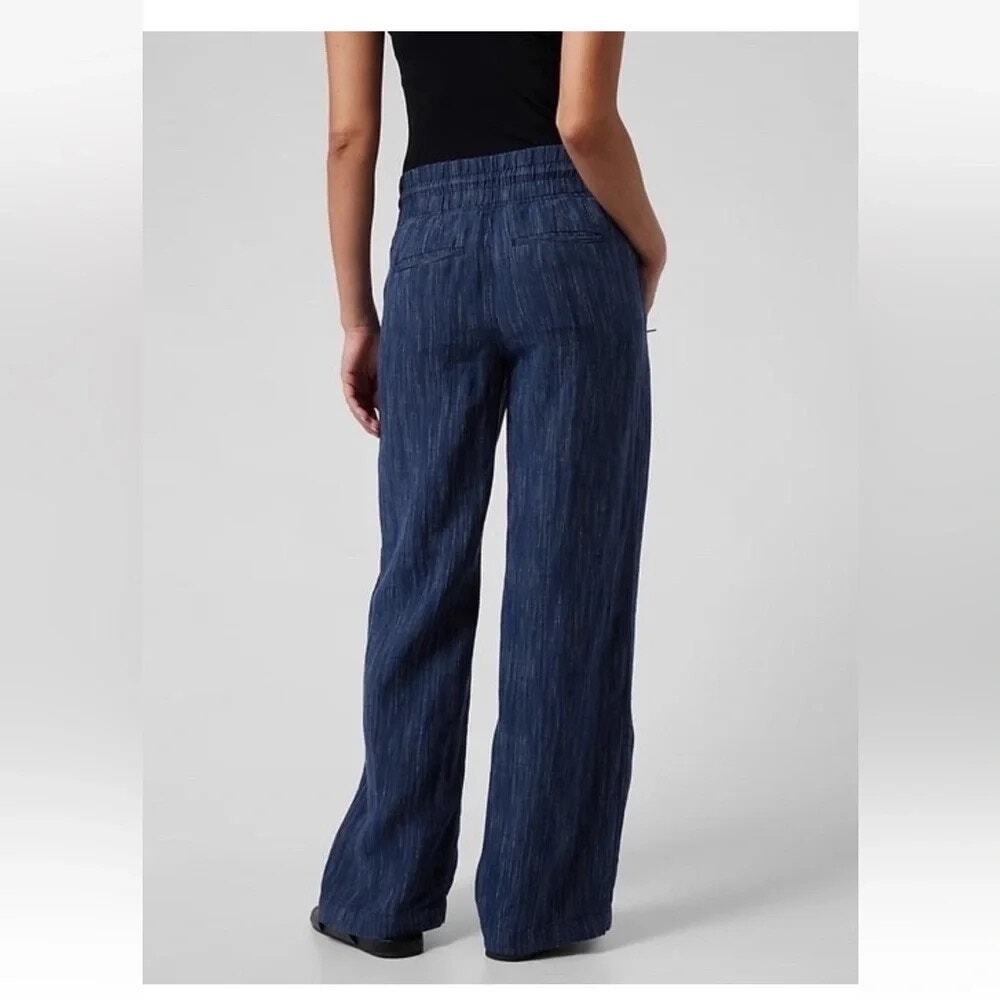 ATHLETA the Cabo Linen Textured Wide Leg Pant in Blue 100% Linen Women's Size 0 - Picture 3 of 15